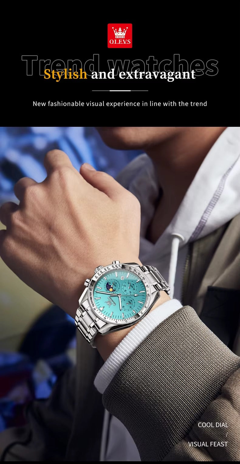 Reloj OLEVS 3618 moda cronógrafo reloj de cuarzo para hombres Moonswatch calendario reloj de pulsera de acero inoxidable impermeable relojes de lujo para hombre